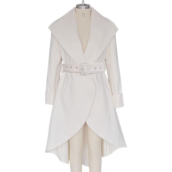 Women's Beige Winter Wool Wrap Large Collar High Low Jacket Outwear  Trench Coat - Picture 4 of 7